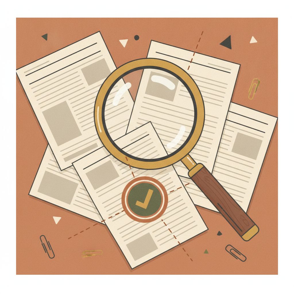 An editorial illustration evoking a fact-checking desk
